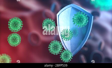 Protezione antivirus concetto di protezione. Barriera di sicurezza per coronavirus Sars-Cov-2. Schermo in acciaio lucido per la protezione contro le cellule virali, fonte di covid-19 Foto Stock