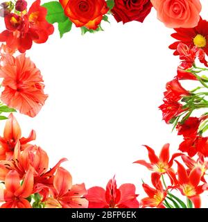 Cornice di fiori diversi con spazio per testo su sfondo bianco. Foto Stock