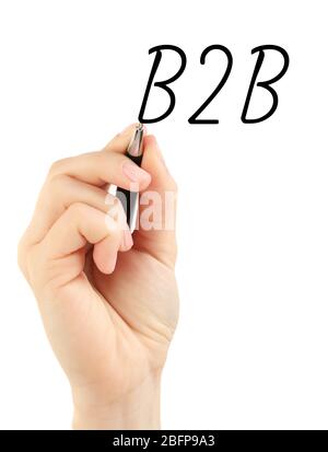 B2B business to business concept. Mano femmina con penna isolata su bianco Foto Stock