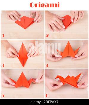 Tutorial Origami. Gru pieghevole per carta a mani femminili. Hobby e artigianato concetto. Foto Stock