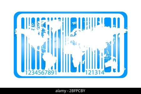 Mappa del mondo e codice a barre blu su sfondo bianco. Concetto di commercio globale. Foto Stock