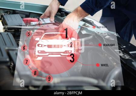 Interfaccia del programma diagnostico moderno dell'automobile su sfondo del motore. Concetto di assistenza auto. Foto Stock