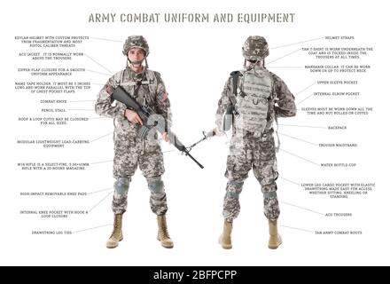 ESERCITO COMBATTIMENTO UNIFORME E ATTREZZATURE. Soldato in camuffamento con fucile, isolato su bianco Foto Stock