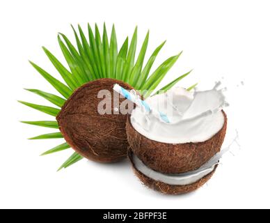 Noci di cocco e latte splash su sfondo bianco Foto Stock