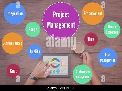 Concetto aziendale. Uomo che usa tablet e schema di GESTIONE DEI PROGETTI su sfondo di legno Foto Stock