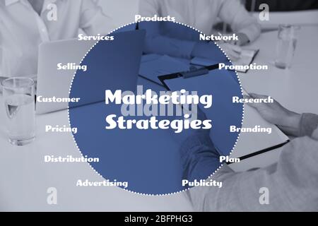 Schema DI STRATEGIE DI MARKETING e manager in background Foto Stock