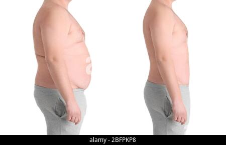 Corpo maschile prima e dopo il weightloss su sfondo bianco. Salute e concetto di dieta Foto Stock