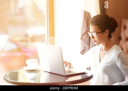 Donna che usa il laptop per navigare in internet store al bar. Concetto di shopping online Foto Stock