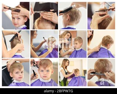 Collage di ragazzino che ha tagliato i capelli al barbershop Foto Stock