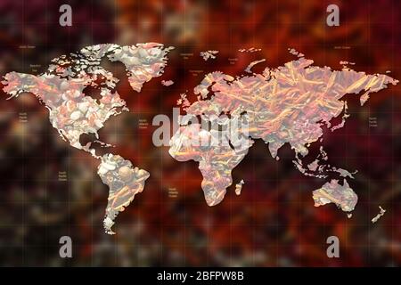 Mappa del mondo e spezie diverse sullo sfondo. Concetto logistico e all'ingrosso Foto Stock