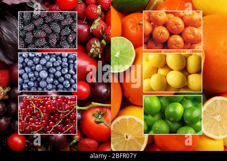 Collage di frutta e bacche diverse Foto Stock