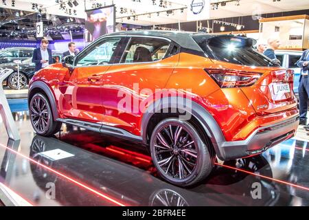 Bruxelles, Belgio, 2020 gennaio Nissan Juke II, Brussels Motor Show, SUV crossover subcompatto di seconda generazione prodotto dalla giapponese Nissan Foto Stock