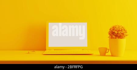 Supporto per lo spazio di lavoro con tavolo e impianto, laptop, tazza; parete anteriore adesiva giallo rendering 3D a un colore Foto Stock