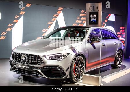 Bruxelles, Belgio, 2020 gennaio Mercedes AMG CLA 45 freno di tiro 4Matic, Salone di Bruxelles, 2a generazione, X118, station wagon car prodotta da Mercedes-Benz Foto Stock