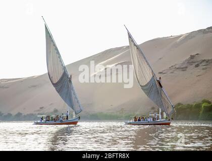 Due barche Felucca vela sul fiume Nilo ad Assuan, Egitto. Foto Stock