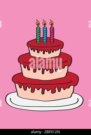 Cartoni animati vettoriali raffiguranti una torta di compleanno a tre livelli con salsa di fragole e tre candele isolate su sfondo rosa Illustrazione Vettoriale