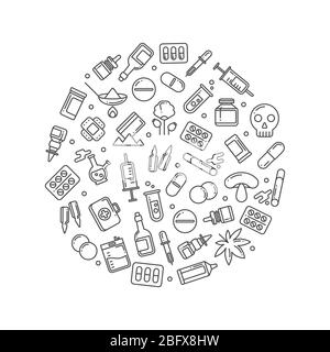 Medicina bottiglie farmaci pillole icone lineari intorno concetto. Icona della medicina e della farmacia, illustrazione lineare della vitamina e della bottiglia medica Illustrazione Vettoriale