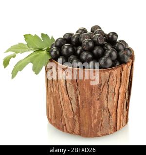 chokeberry con foglie verdi in ciotola di legno isolato su bianco Foto Stock