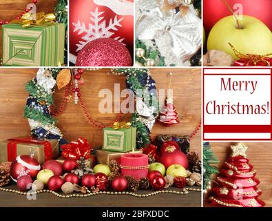 Composizione dalle decorazioni natalizie su sfondo ligneo Foto Stock