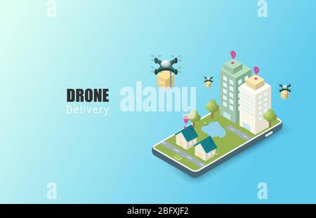 Concetto di servizio di consegna online. Isometrico. Tracciamento degli ordini mobili. Droni di consegna a destinazione. Logistica della città online. Consegna su smartphone. Vect Illustrazione Vettoriale