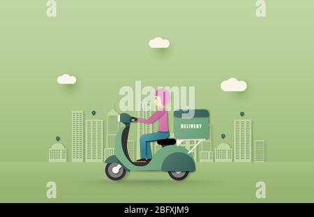 Concetto di servizio di consegna online. Tracciamento degli ordini mobili. Consegna scooter a destinazione. Logistica della città online. Consegna su smartphone. Illustrazione vettore Illustrazione Vettoriale