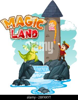 Font design per la parola magica terra con drago e principessa illustrazione Illustrazione Vettoriale