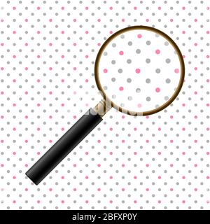 Lente d'ingrandimento vettoriale realistica. Vetro di ingrandimento isolato in metallo dorato con manico nero con motivo a punti ingrandente. Strumento Zoom con obiettivo ottico. O scientifico Illustrazione Vettoriale