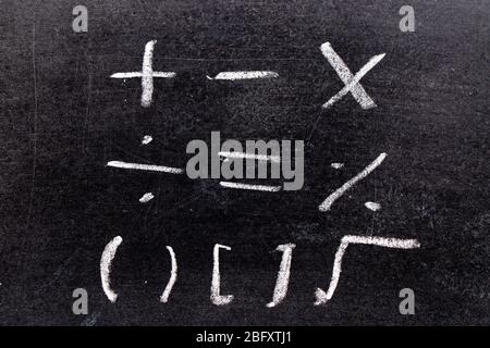 Disegno a mano in gesso bianco in matematica simbolhape su sfondo nero Foto Stock