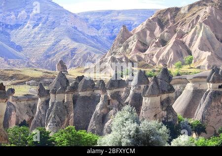 Fata camino o multitesta funghi di pietra nella Valle di Pasabag, Cappadocia, Anatolia, Turchia Foto Stock