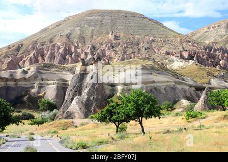 Fata camino o multitesta funghi di pietra nella Valle di Pasabag, Cappadocia, Anatolia, Turchia Foto Stock