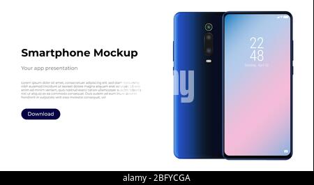 Realistico pannello anteriore e posteriore dello smartphone. Schermo vuoto del telefono cellulare, schermo bianco. Mockup UI UX dispositivo per modello di presentazione. Blu moderno Illustrazione Vettoriale