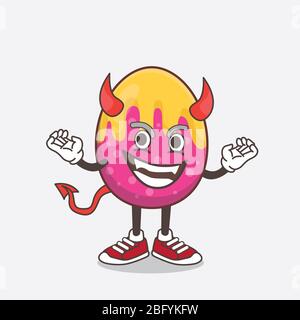 Un'illustrazione del personaggio della mascotte del cartone animato dell'uovo di Pasqua come diavolo rosso con corna e coda Foto Stock