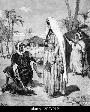 Bedu o Beduin nel campo di deserto di Bedouin o accampamento uccidendo o sacrificando un capro in Africa del Nord, il Maghreb o il Medio Oriente. Vintage o Old Illustration o Engraving 1889 Foto Stock