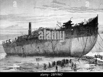 Nave che rompe o smantellò la SS Great Eastern (1858-1890) la più grande nave a vapore del mondo nel suo tempo; vintage o Old Illustration o Engraving 1890. Foto Stock