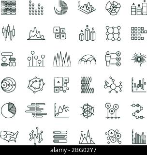 I grafici e i grafici delle statistiche di business delineano icone vettoriali. Pittogrammi delle linee dei diagrammi finanziari. Diagramma e grafico, grafico commerciale illustrazione finanziaria Illustrazione Vettoriale