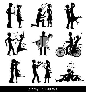 Coppie felici in amore sposato sposato sposo e sposo silhouette nero vettore. Sposa e sposo nero, moglie e marito, donna e uomo di nozze illustrati Illustrazione Vettoriale