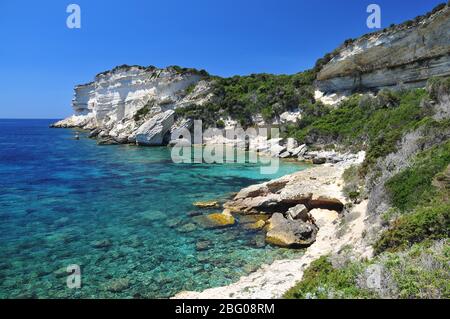 Scogliera in Bouche de Bonifacio parco naturale nel sud della Corsica, Francia, Europa Foto Stock
