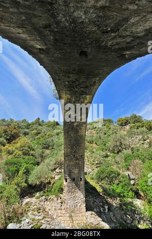 Ponte a Zaglia sul fiume Ota in Spelunca canyon tra Evisa e Porto, Corsica, Francia, Europa Foto Stock