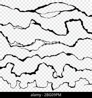 Incrinature vettoriali nella parete. Raccolta dell'effetto di distruzione di superficie. Spaccatura dopo disastri e distruzione, illustrazione dei danni da rottura della superficie Illustrazione Vettoriale