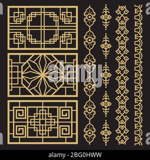 Decorazioni cinesi, tradizionali bordi e cornici coreani antichi. Tradizionale modello cinese e coreano. Illustrazione vettoriale Illustrazione Vettoriale