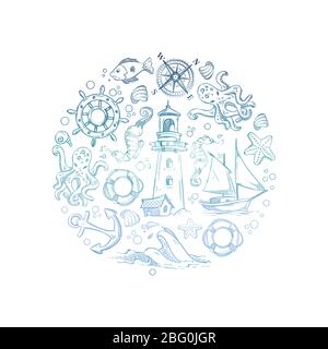 Vita subacquea, colorato concetto di banner marino. Illustrazione di animali marini marini e acquatici subacquei Illustrazione Vettoriale