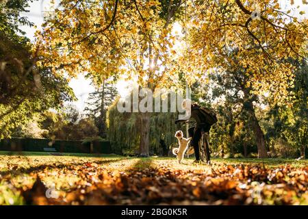 19/4/2020 Donna asiatica con una bici che alimenta un cane in autunno al giardino botanico, Oamaru, Nuova Zelanda. Concetto di esercizio mentre isolamento sociale fr Foto Stock