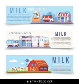 Poster per la produzione di latte con modello di poster orizzontale del set. Illustrazione vettoriale Illustrazione Vettoriale