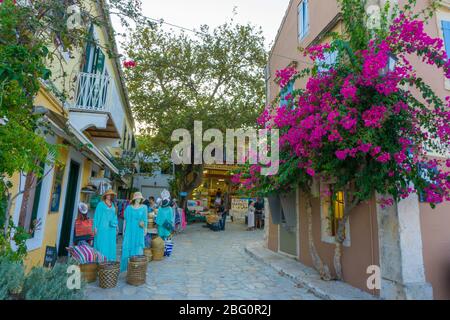 Vista sulla strada dal famoso villaggio di Fiskardo a Cefalonia, Grecia Foto Stock