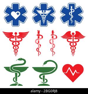 Simboli vettoriali internazionali per la medicina, la farmacia e l'assistenza di emergenza. Illustrazione della raccolta di glifi medici Illustrazione Vettoriale