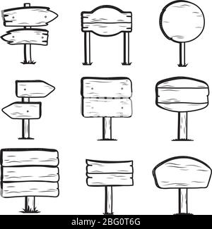 Segnaletica stradale in legno di Doodle. Raccolta di segnali di direzione vettoriali disegnati a mano. Telaio a freccia in legno, illustrazione del cartello con la direzione in legno Illustrazione Vettoriale