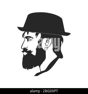 Ritratto vettoriale di Hipster con il viso a beared che indossa un cappello che guarda lontano. Eps10 Illustrazione Vettoriale