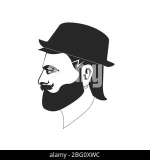 Ritratto vettoriale di Hipster con il viso a beared che indossa un cappello che guarda lontano. Eps10 Illustrazione Vettoriale