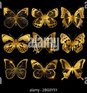 Farfalle dorate lucide con effetto luce. Collezione di farfalle in brillante colore dorato. Illustrazione vettoriale Illustrazione Vettoriale