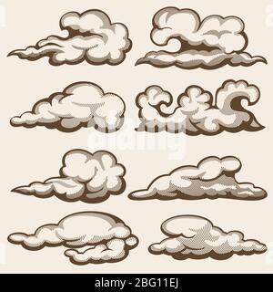 Nuvole d'incisione d'epoca. Set di vettori disegnati a mano. Disegno con incisione su nuvola in stile cielo retrò Illustrazione Vettoriale